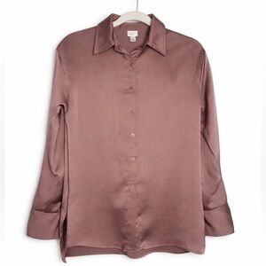 A New Day Satin Mauve Brown Button Up Blouse Womens size XS (slightly oversized)